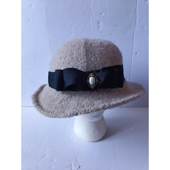 Vintage Handmade Cloche Wool Hat Ribbon Bow Rhinestone Brooch Gray Hat main image 3